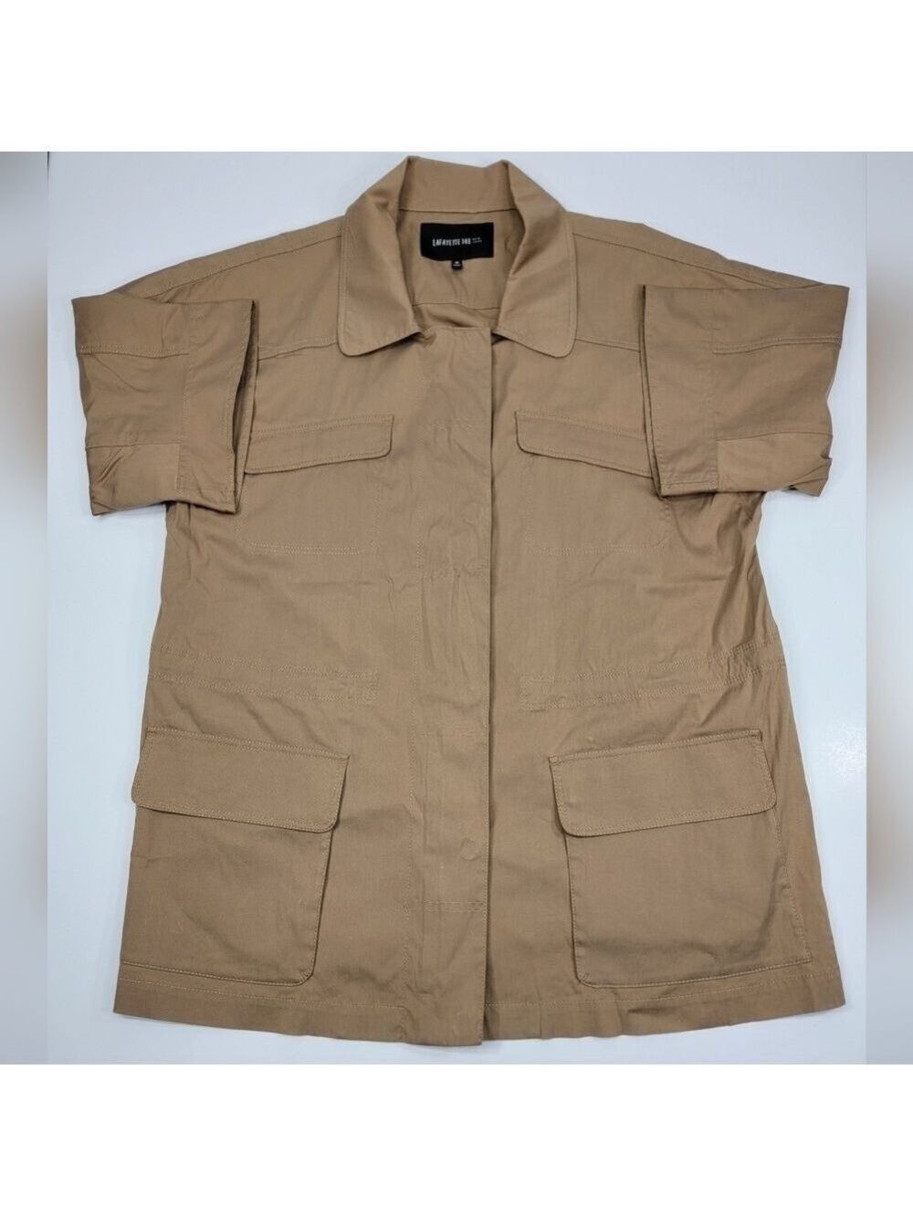 Lafayette 148 Pamela Jacket Safari Short Sleeve Tan Utility Shacket Minimalist M